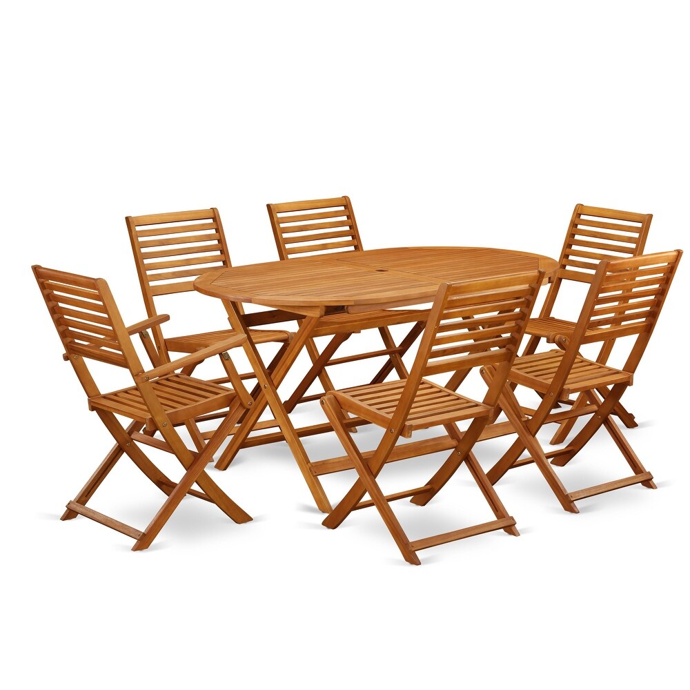 East West Furniture Patio Set  an Oval Outdoor Table and Folding Arm Chairs with Side Chairs  Natural Oil (Pieces Options)