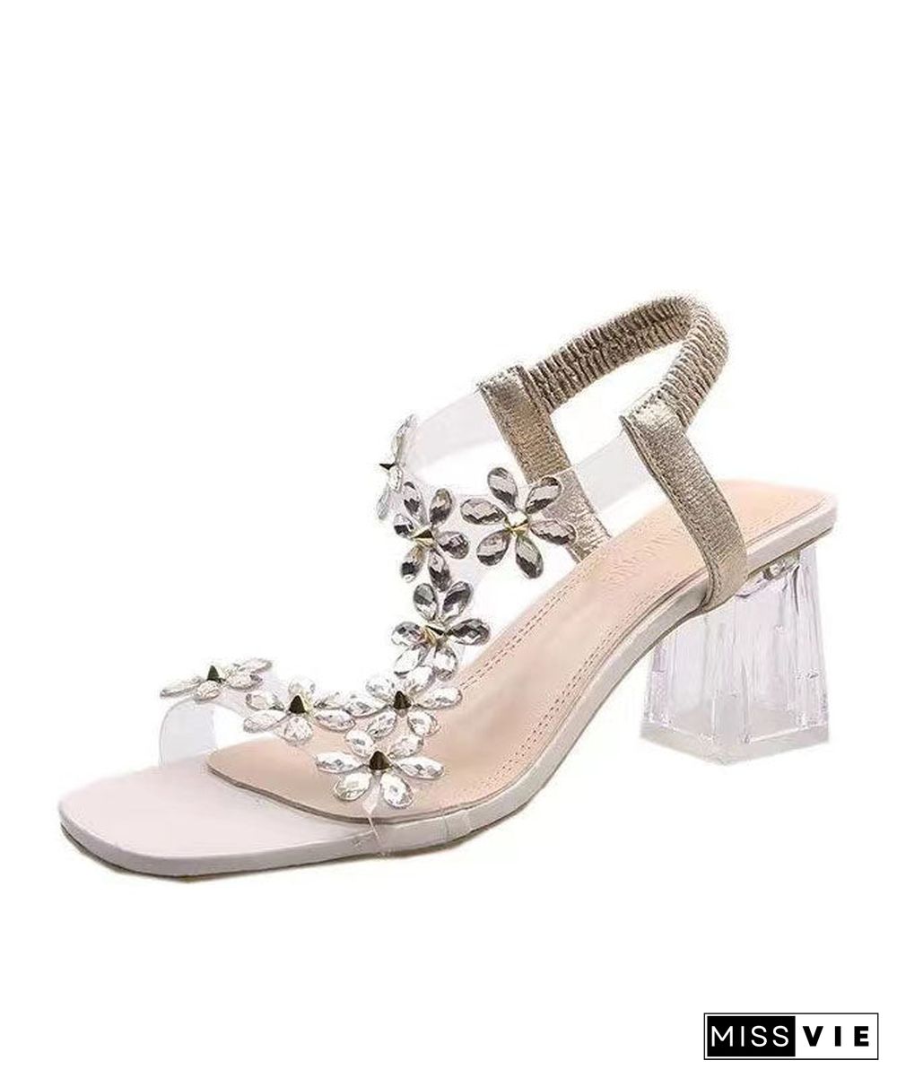 Beige Floral Crystal Splicing Chunky Heel Sandals Peep Toe