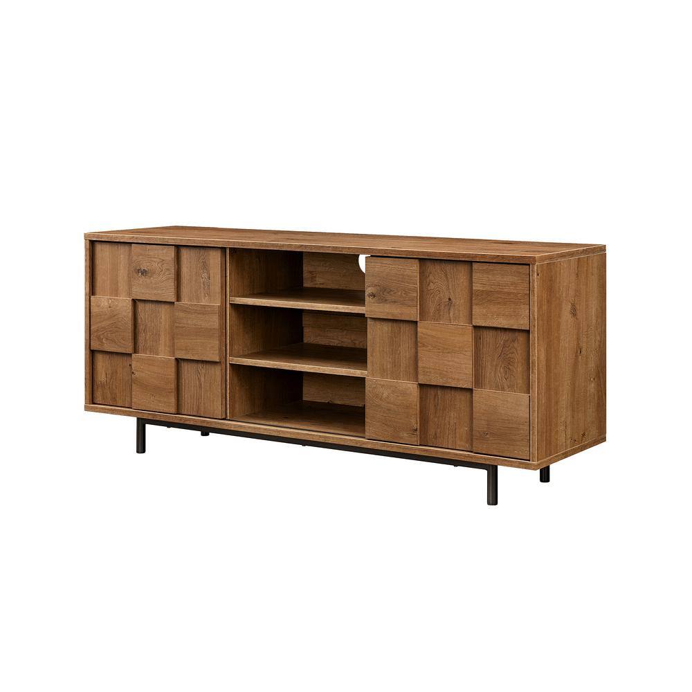 Welwick Designs 54.75 in. English Oak Wood and Metal Modern Checkered TV Stand with 2 Sliding Doors for TVs Up to 55 in. HD9367