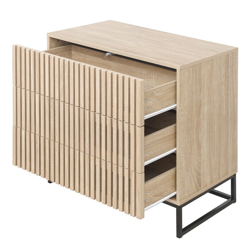 Modern Solid Wood Storage Cabinet with 3 Drawer and Metal Base