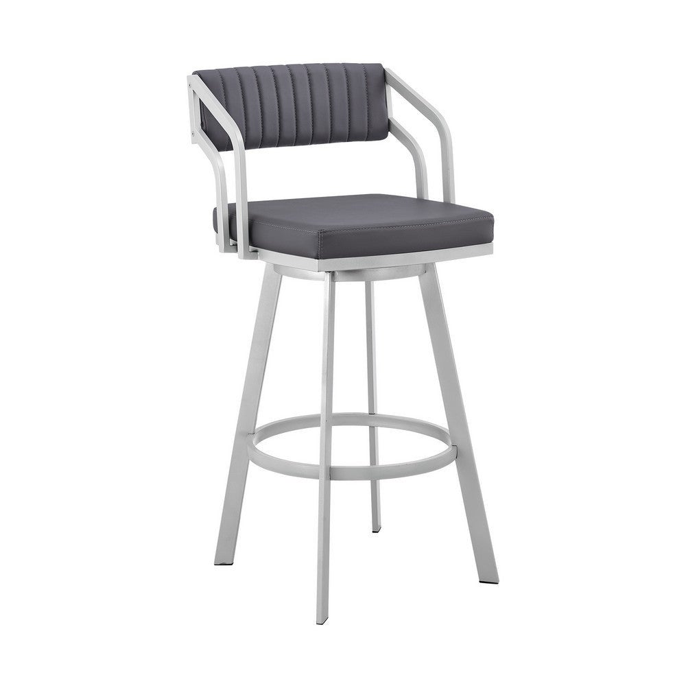 Blake 30 Inch Swivel Bar Stool， Open Back， Silver， Gray Faux Leather