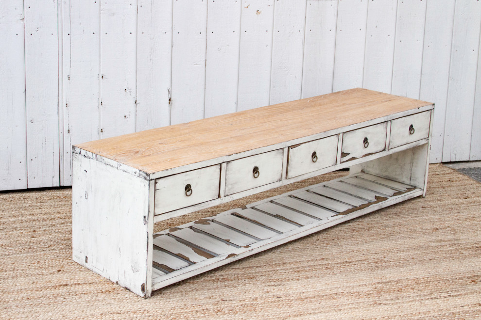 Lacquered White Three Drawer Low Console   Farmhouse   Console Tables   by De cor  Houzz