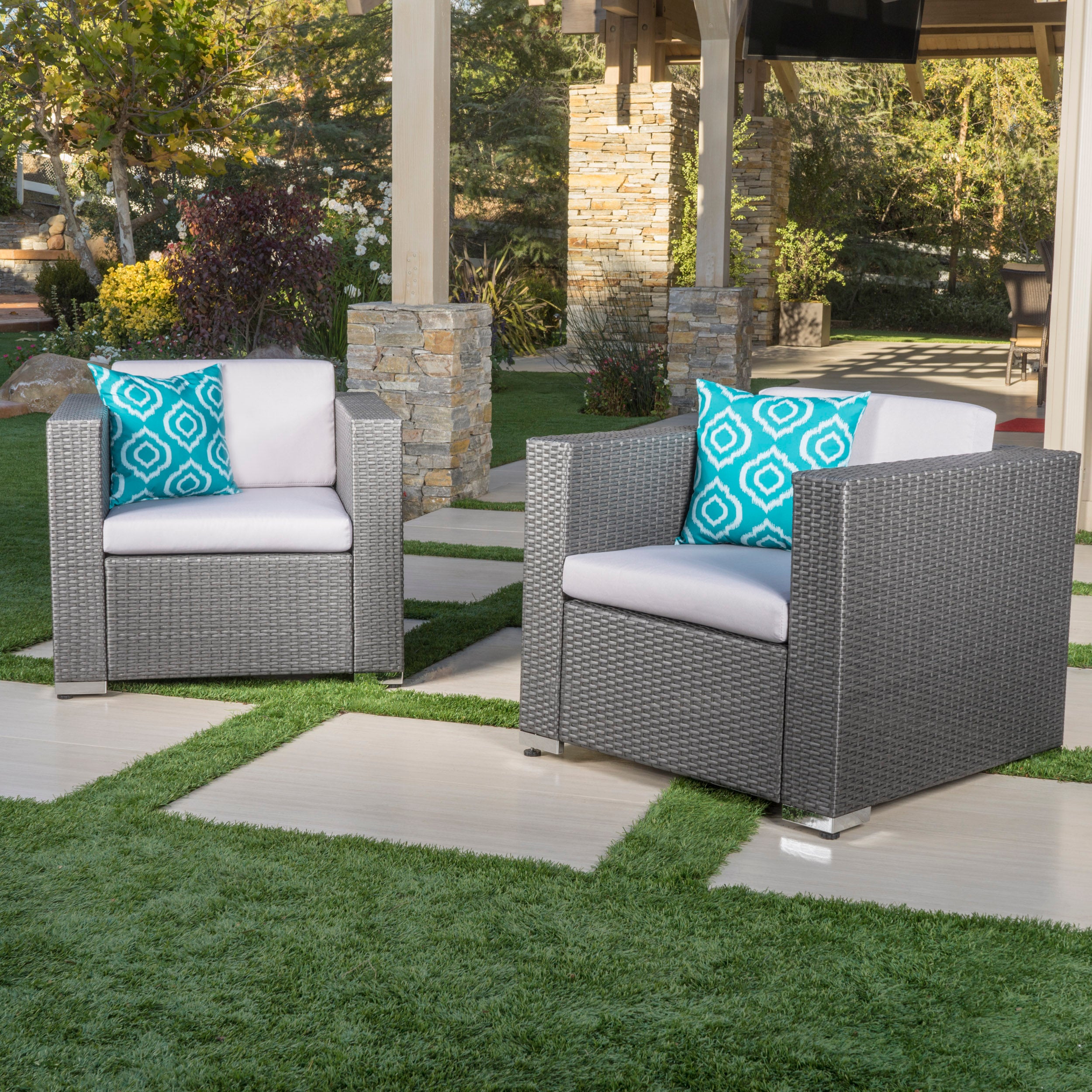 Verin Outdoor Grey Wicker Club Chair with Silver Water Resistant Fabric Cushions (Set of 2)