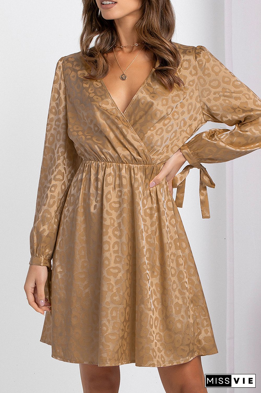 Leopard Print Deep V Neck Dress Wholesale