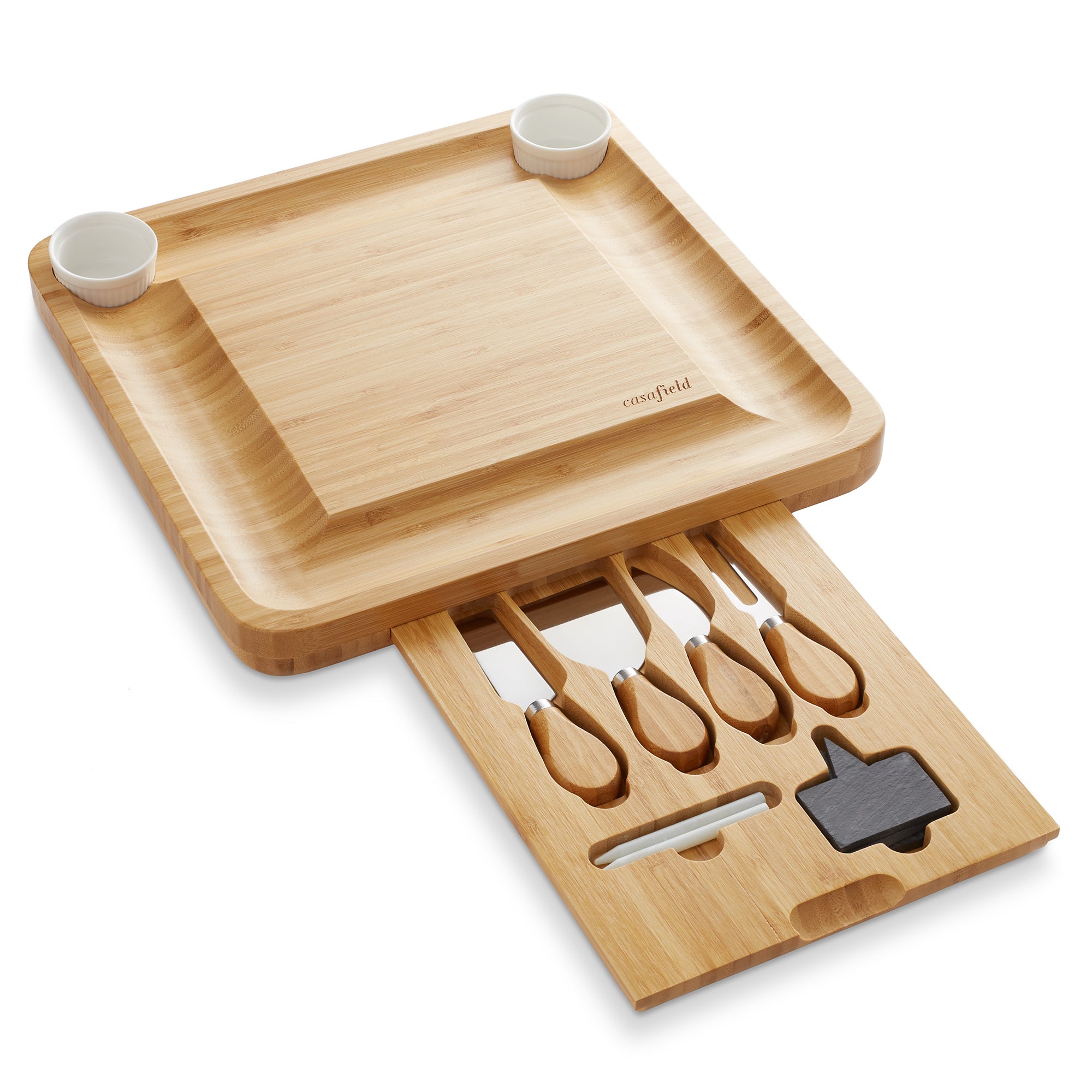 Casafield Bamboo Cheese Board with Stainless Steel Knives and Ceramic Bowls