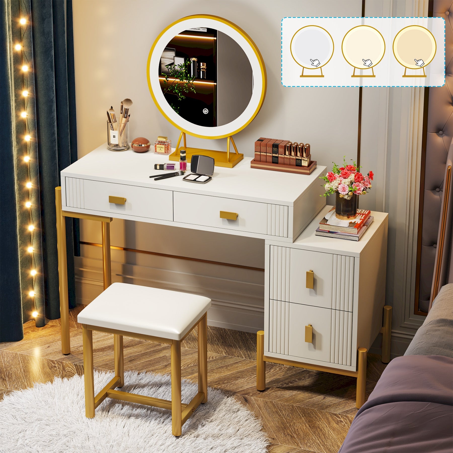 White Gold Vanity Desk with Lights and Mirror， Makup Vanity with Chair and Storage Cabinet - - 37839004