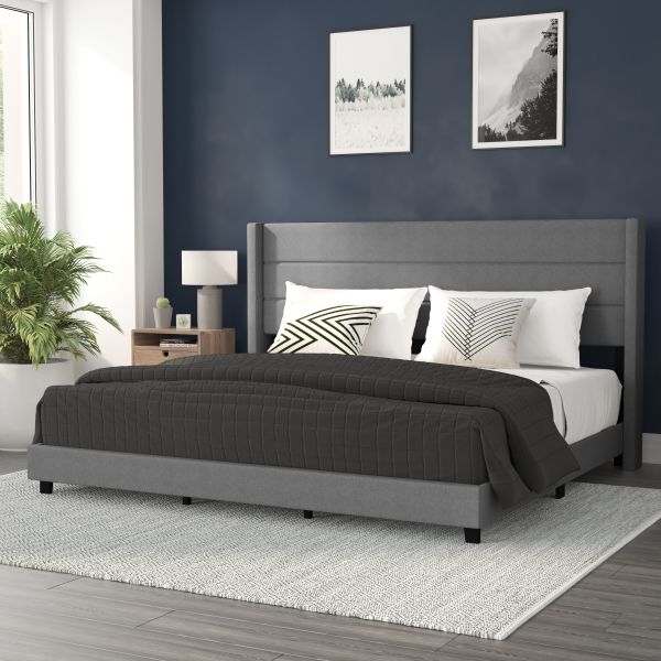 Hollis King Upholstered Platform Bed with Wingback Headboard， Mattress Foundation with Slatted Supports， No Box Spring Needed， Gray Faux Linen