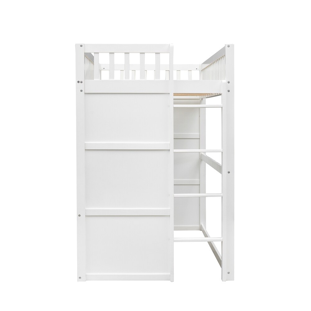 House Loft Bed Twin Kids Playhouse Bed  Solid Wood Loft Bed Frame with Window and Ladder  for Girls Boys  White+Grey