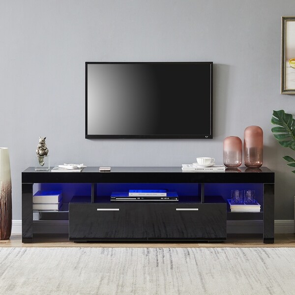 Morden RGB LED Light High Glossy TV Stand Cabinet with 2 Center Down Open Tie-Rod Big Storage Drawer and 2 Side Glass Shelf