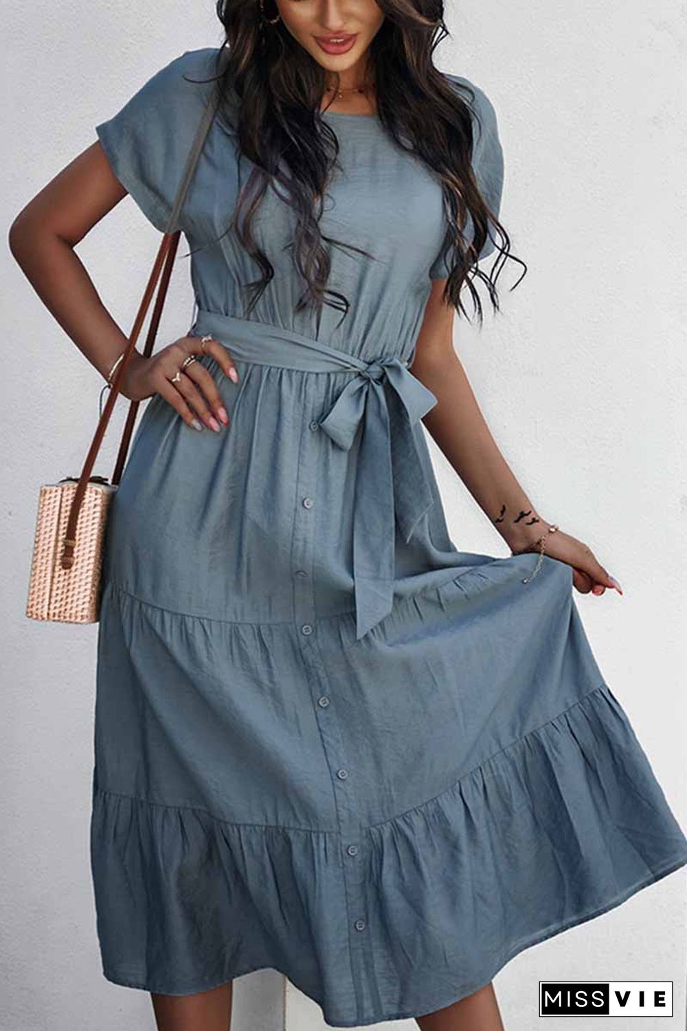 Pure Color Simple Restraint Waist Midi Dress