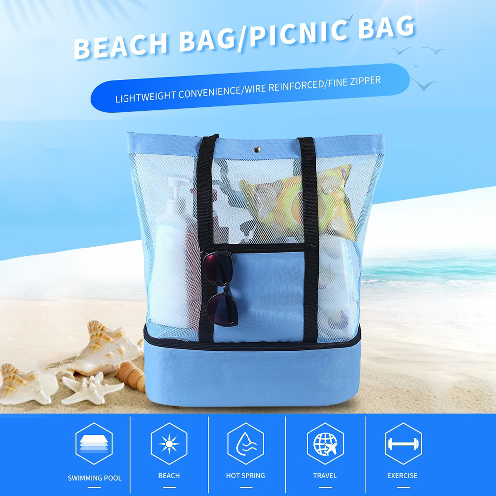 Large Mesh Beach Bag Tote Insulated Reusable Picnic Lunch Bag For Outdoor Camping