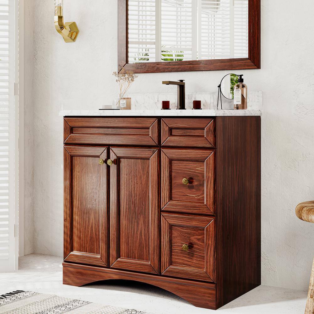 VANITYFUS Solid Fir 36 in. W x 22 in. D x 35.4 in. H FreeStanding Bath Vanity in Traditional Brown with Carrara Vanity Top VF-CT-SW02