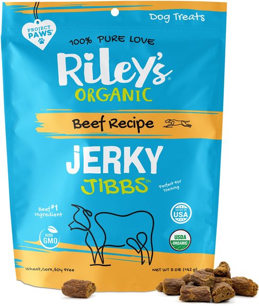 Riley's Organic Jerky Jibbs Beef Recipe Dog Treats， 5-oz pouch