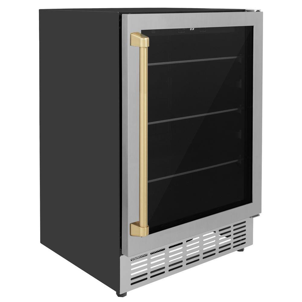 ZLINE Kitchen and Bath Monument Autograph Edition 24 in. Single Zone 154-Can Beverage Fridge with Champagne Bronze Handle in Stainless Steel RBVZ-US-24-CB