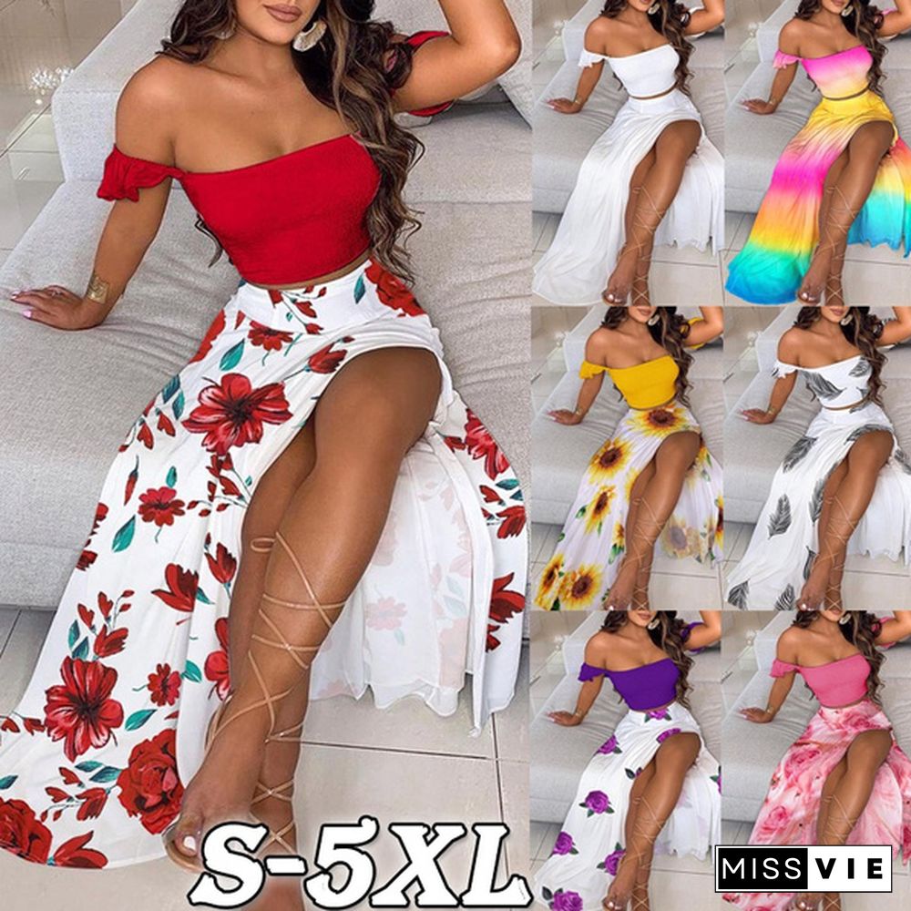 New Women's Sexy Tube Top Print Dress Split Long Skirt Summer Off-Shoulder Beach Dress Mini Skirt Set Plus Size