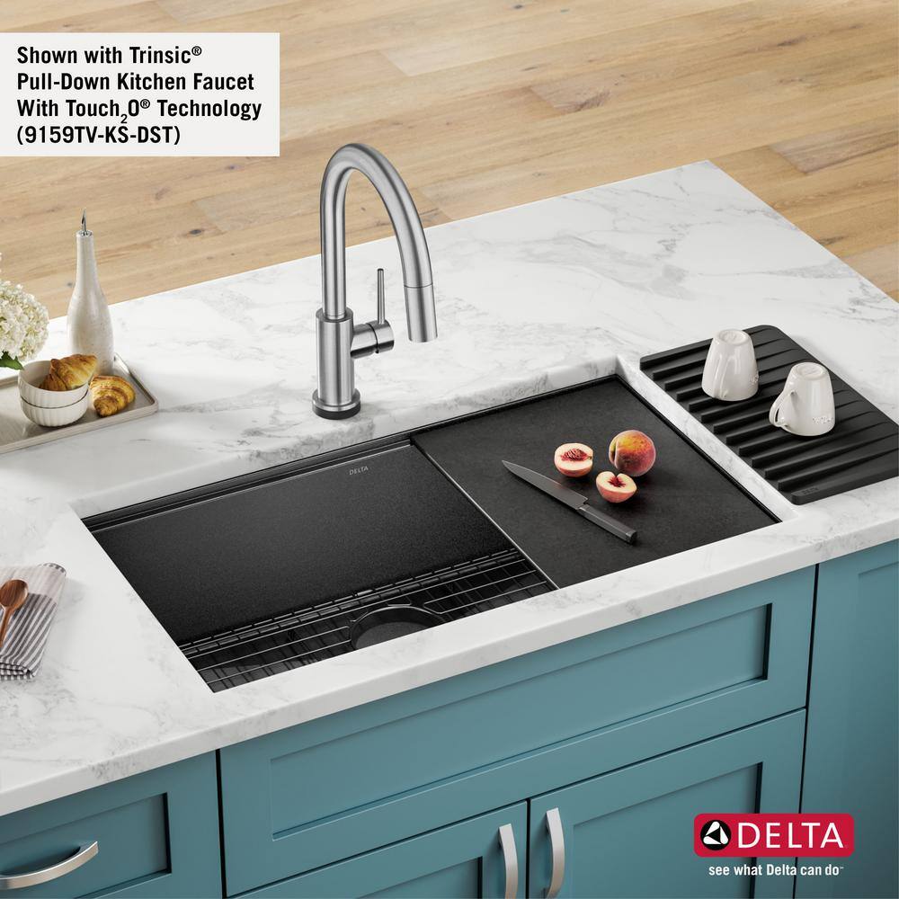 Delta Rivet16 Gauge Black Stainless Steel 32 in. Single Bowl Undermount Workstation Kitchen Sink in PVD Gunmetal Finish 95B9031-32S-GS