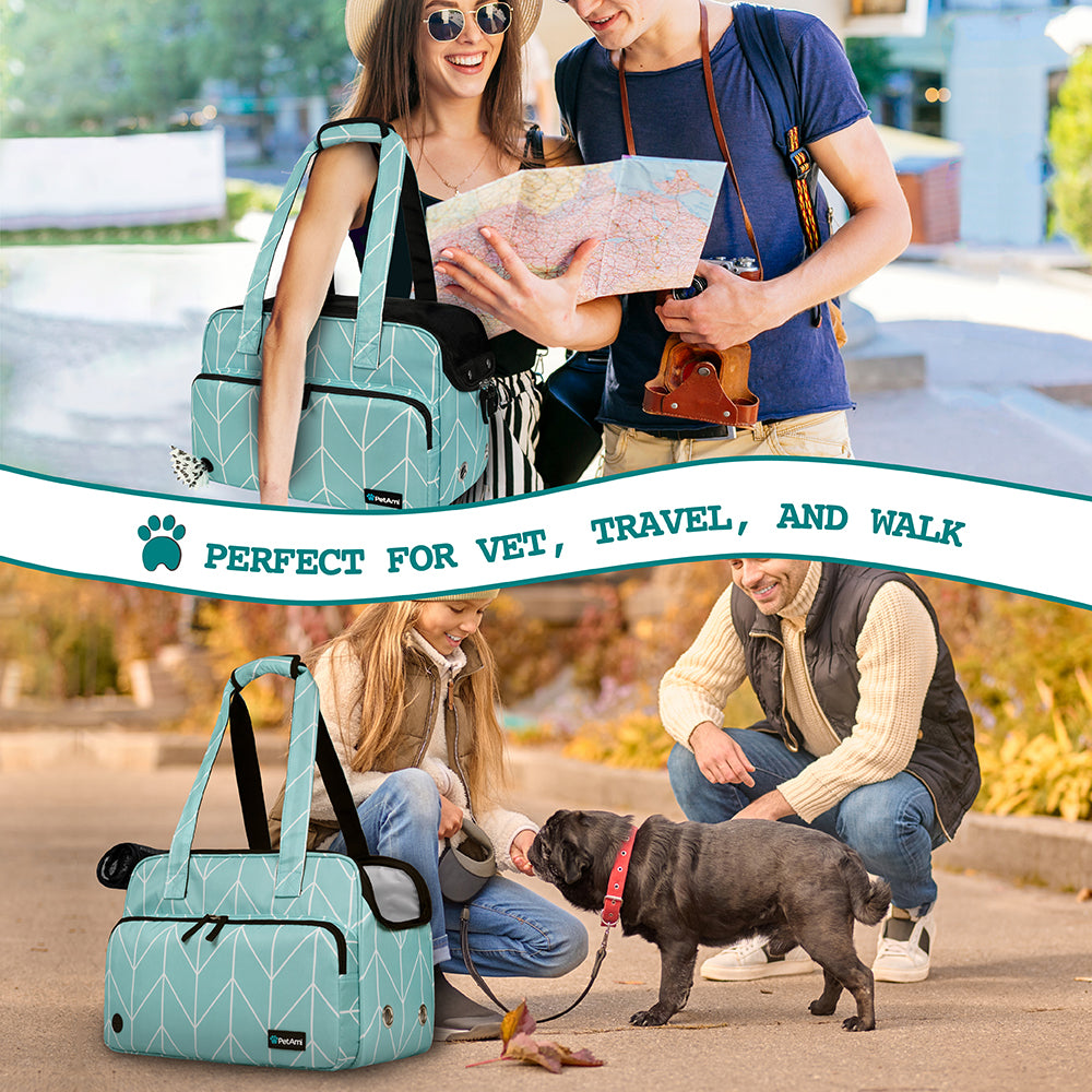 PetAmi Small Dog Purse Carrier， Soft-Sided Pet Carrier Bag Pockets， Portable Medium Dog Puppy Large Cat Travel Handbag Tote， Airline Approved Breathable Mesh， Poop Dispenser， Sherpa Bed， Chevron Teal