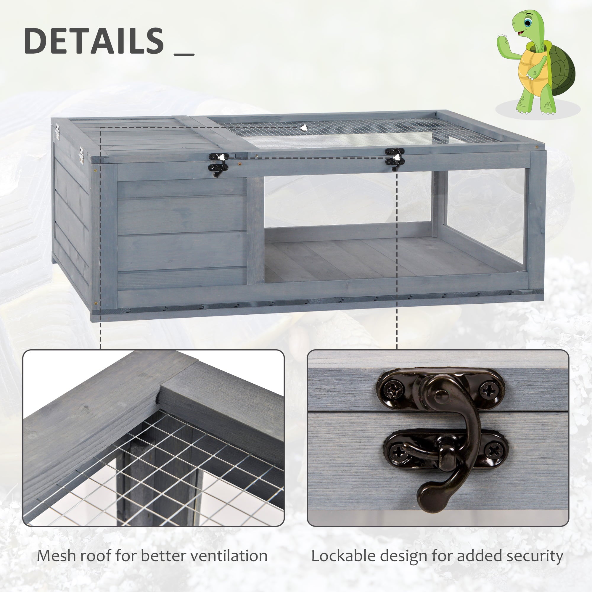 Pawhut Wood Tortoise House Indoor Outdoor Turtle Habitat Reptile Cage for Lizards， Geckos 36