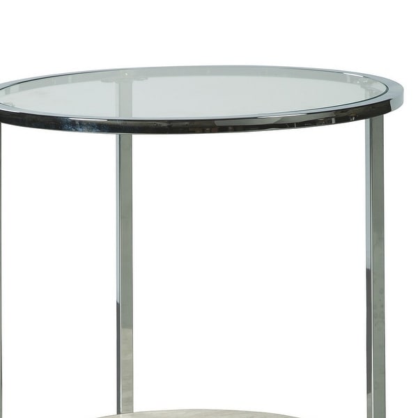 48 Inches Round Glass Top End Table with Stone Shelf， Clear and Chrome - Clear and Chrome - 24 H x 17 W x 17 L Inches