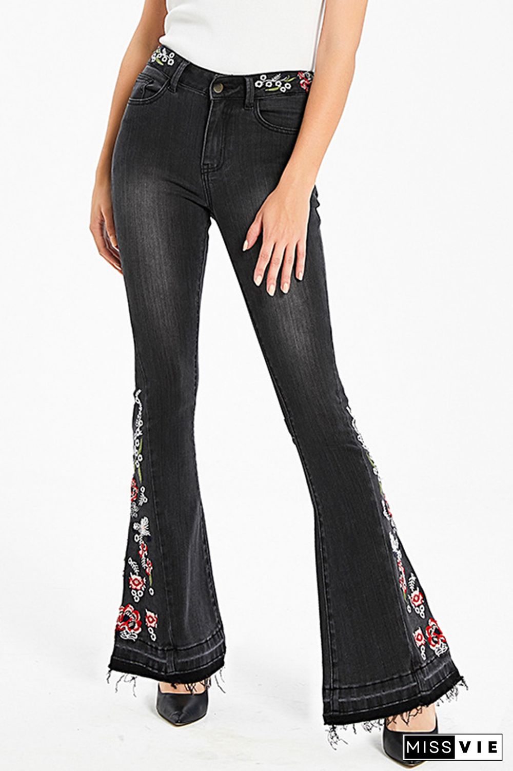 Black Bleach Embroidered Side Bell Bottom Flared Jeans Wholesale Boutique