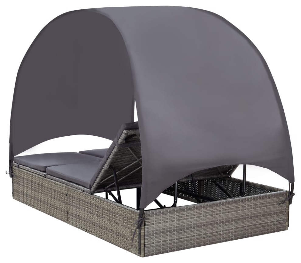 vidaXL Double Sun Lounger Patio Rattan Daybed with Canopy Poly Rattan Gray   Tropical   Outdoor Chaise Lounges   by vidaXL LLC  Houzz