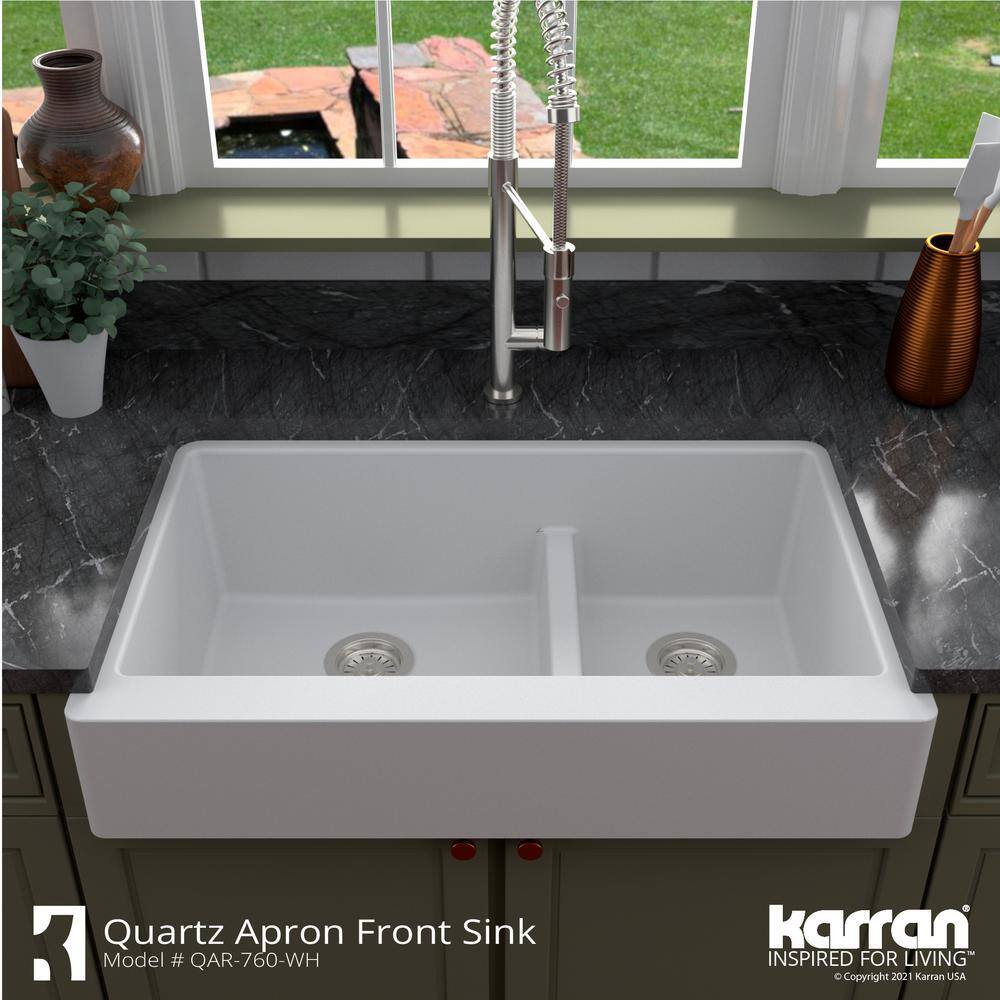 Karran QAR-760 QuartzGranite 34 in. Double Bowl 6040 Retrofit FarmhouseApron Front Kitchen Sink in white wGrid and Strainer QAR-760-WH-PK1