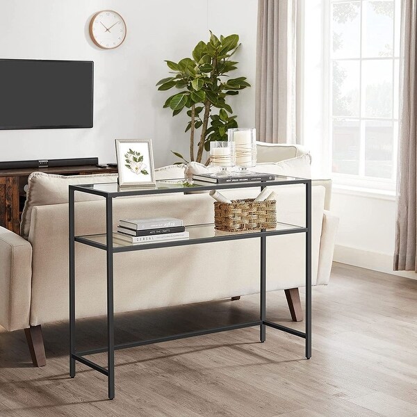 Console Table， Modern Sofa or Entryway Table， Tempered Glass Table， Metal Frame， 2 Shelves， Adjustable Feet， for Living Room