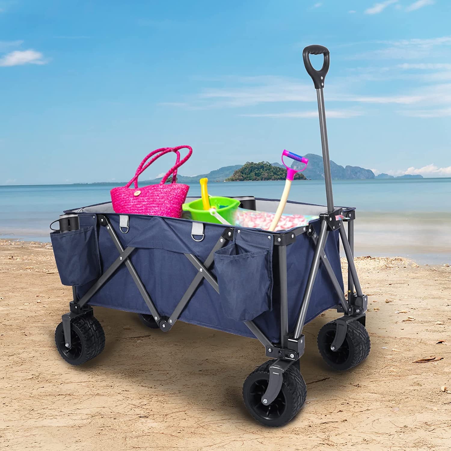 REDCAMP Folding Wagon Cart with Extra Wide Wheels, Heavy Duty Collapsible Utility Beach Wagon for Sand, Blue