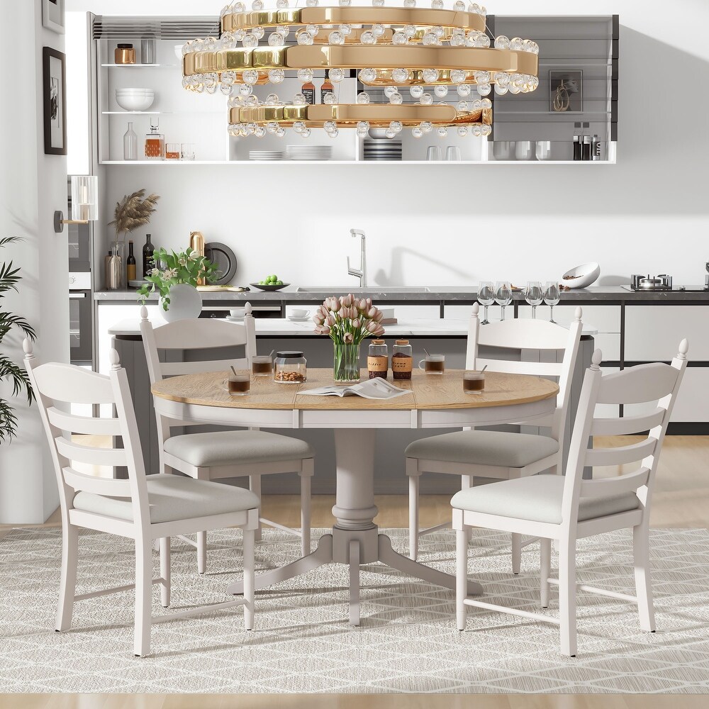 5 Piece Retro Functional Dining Table Set Wood Round Extendable Dining Table and 4 Upholstered Dining Chairs for Dining Room