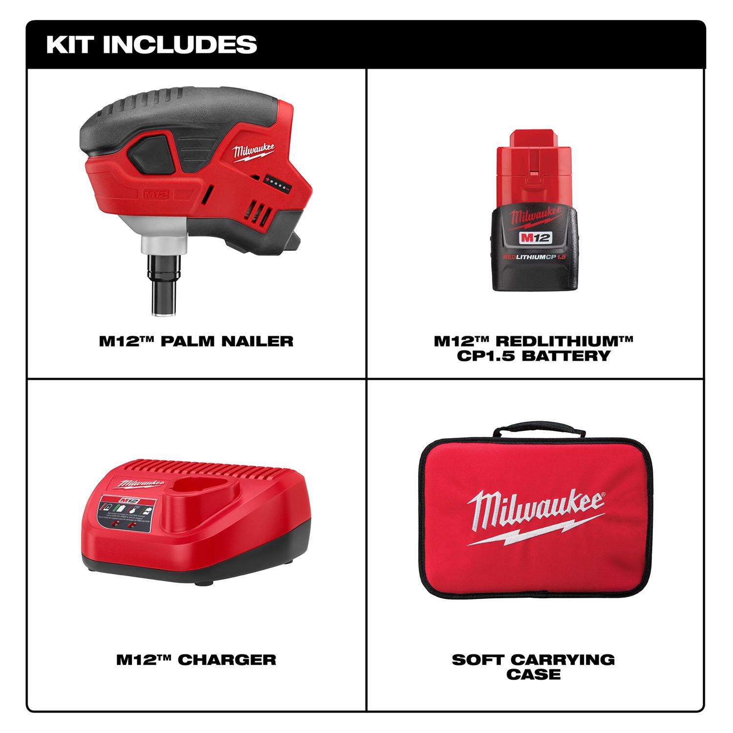 MW M12 16 Ga. Cordless 90 deg Palm Nailer Kit (Battery and Charger) 12 V