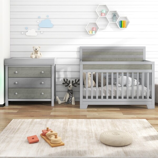 3 Pieces Nursery Sets Baby Crib and Changer Dreeser with Removable Changing Tray - - 37797197