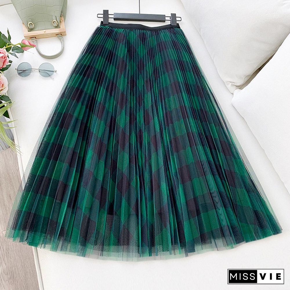 High Quality Green Red Long Plaid Tutu Tulle Skirt Women Fashion Elegant A Line High Waist Pleated Maxi Skirt Female Ladies Summer Spring Autumn