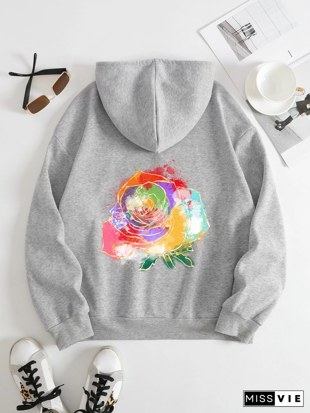 Printed on the Back Kangaroo Pocket Hoodie Long Sleeve for Women Pattern Coloful Rose