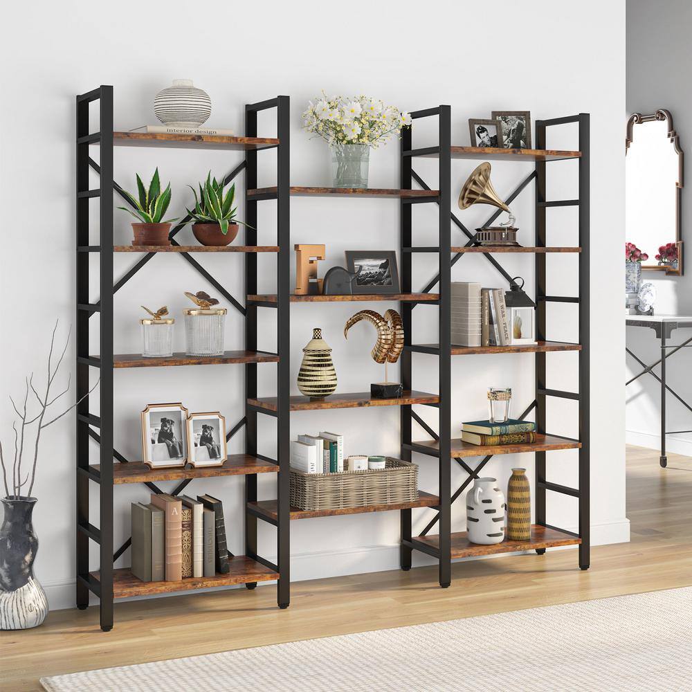 Tribesigns Earlimart 70.9 Vintage Brown Wood Triple Wide 5-Shelf Bookcase Industrial Etagere Large Open Bookshelf for Display TJHD-HOGA-C0222