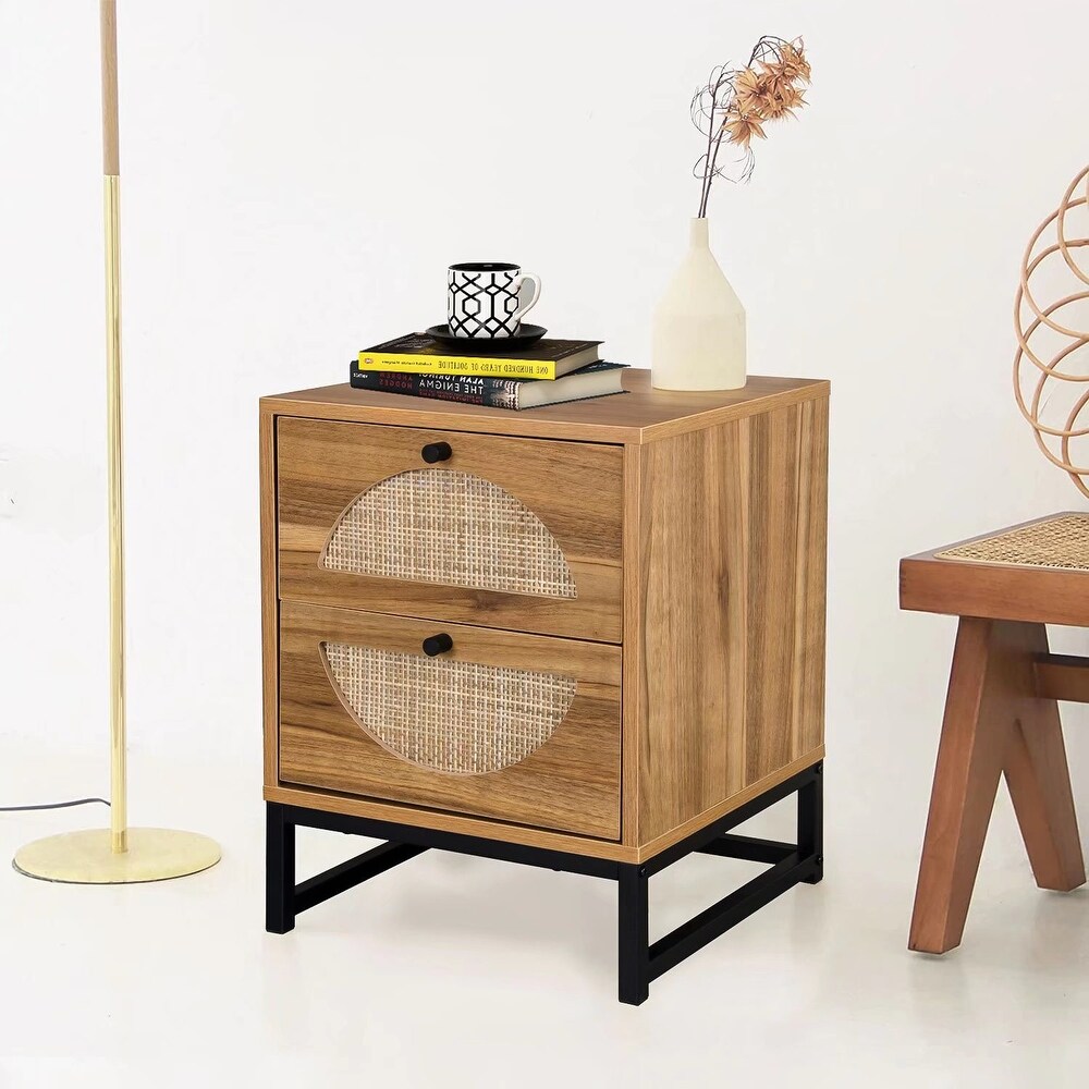 Modern Minimalism Nightstand  Bohemian Wood Bedside Table with Woven Rattan Drawers  Sofa Side Table  Rustic Farmhouse End Table