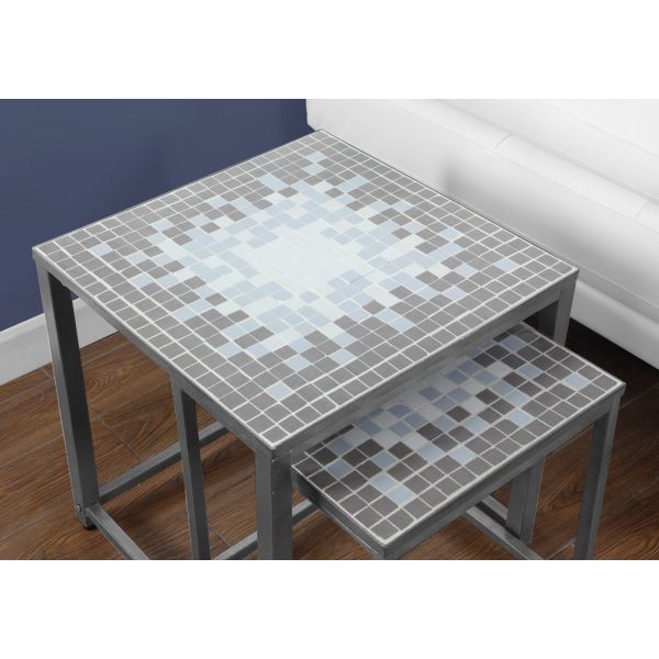 Nesting Table， Set Of 2， Side， End， Metal， Accent， Living Room， Bedroom， Blue Tile， Grey Metal， Transitional