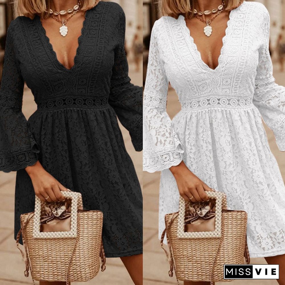 Womens Fashion Lace Mini Dress Flare Long Sleeve V Neck Evening Party Elegant Casual Pleated Short Dress Plus Size