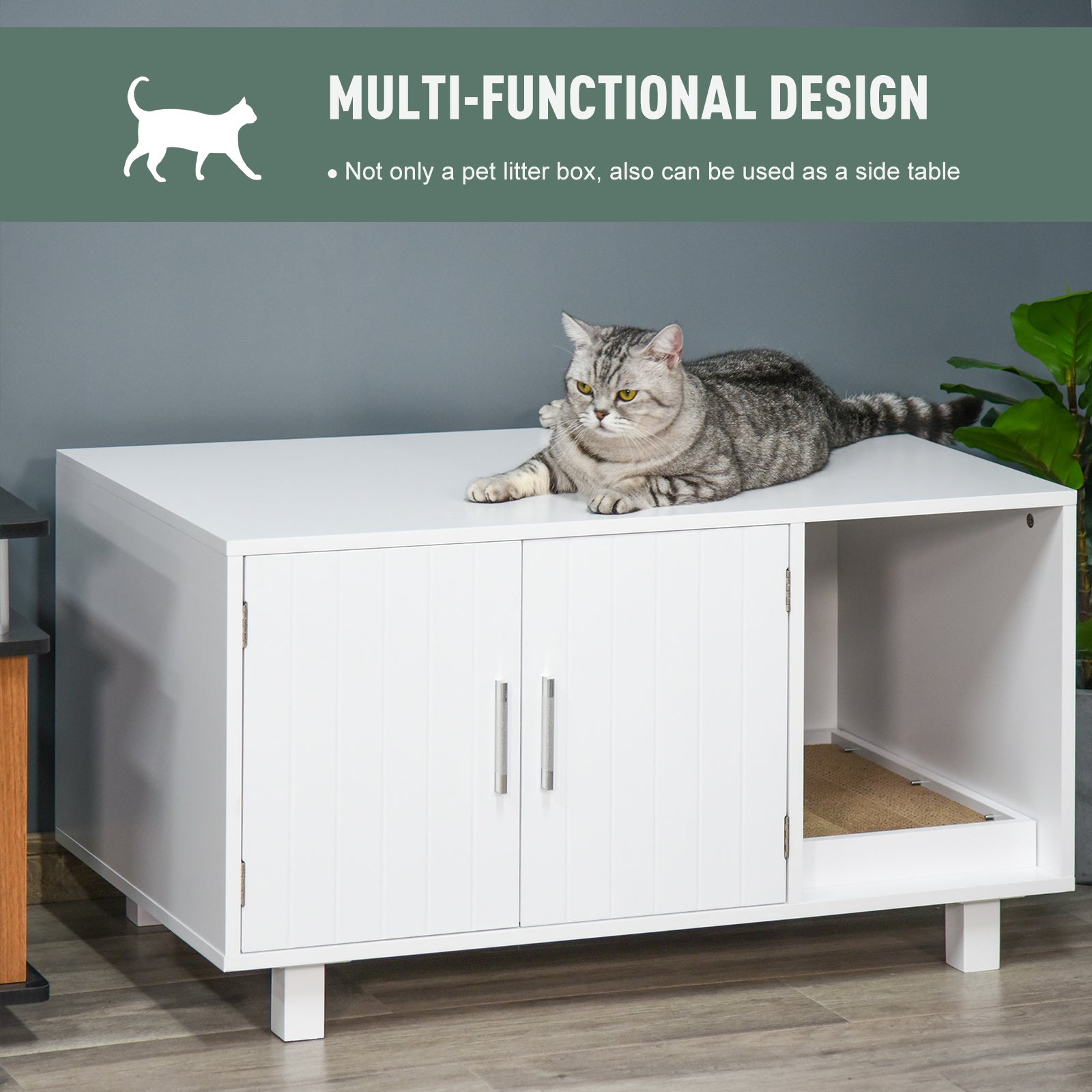 PawHut Cat Litter Box Enclosure and House w/ Nightstand/End Table Design， White