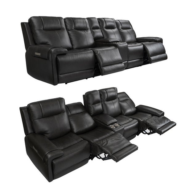 4 Seat Recliner Sofa Top Grain Leather Power Reclining Sofa with Storage Console， Adjustable Headrest