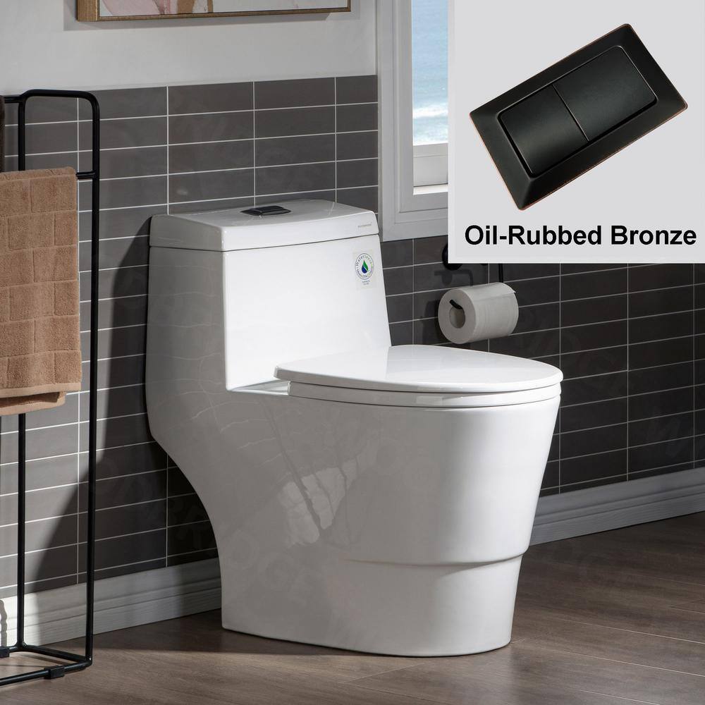 WOODBRIDGE Everette 1-piece 1.1 GPF  1.6 GPF Dual Flush Elongated Toilet in White with Seat Included and Oil Rubbed Bronze Button HB0940-ORB