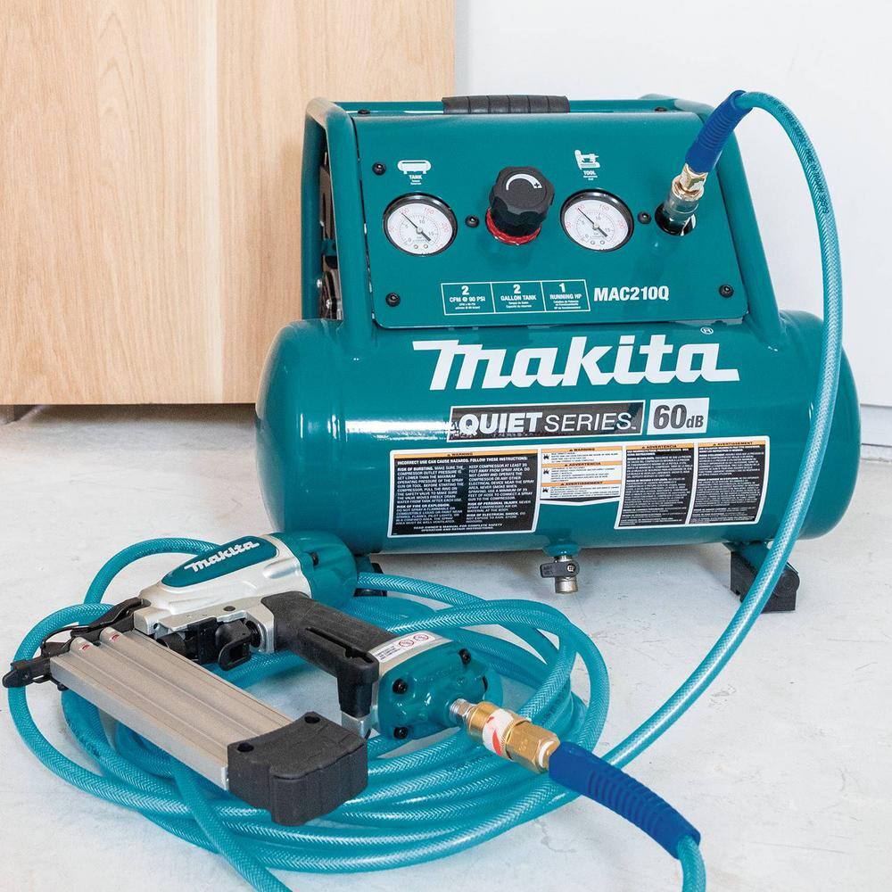 Makita 2 Gal. Quiet Series 1 HP Electric Oil-Free Air Compressor with Bonus Pneumatic 2 in. 18-Gauge Brad Nailer MAC210Q-AF506