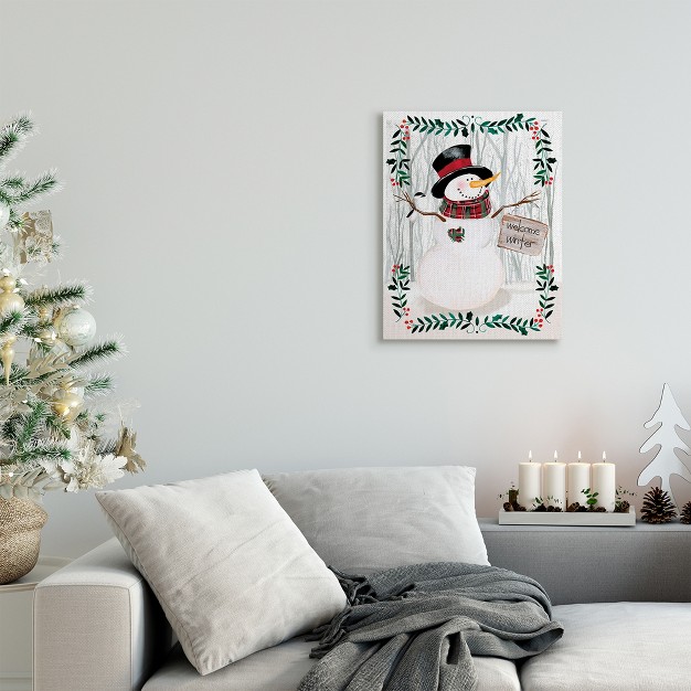 Stupell Industries Winter Welcome Greeting Snowman Forest Holly Florals Gallery Wrapped Canvas Wall Art 16 X 20