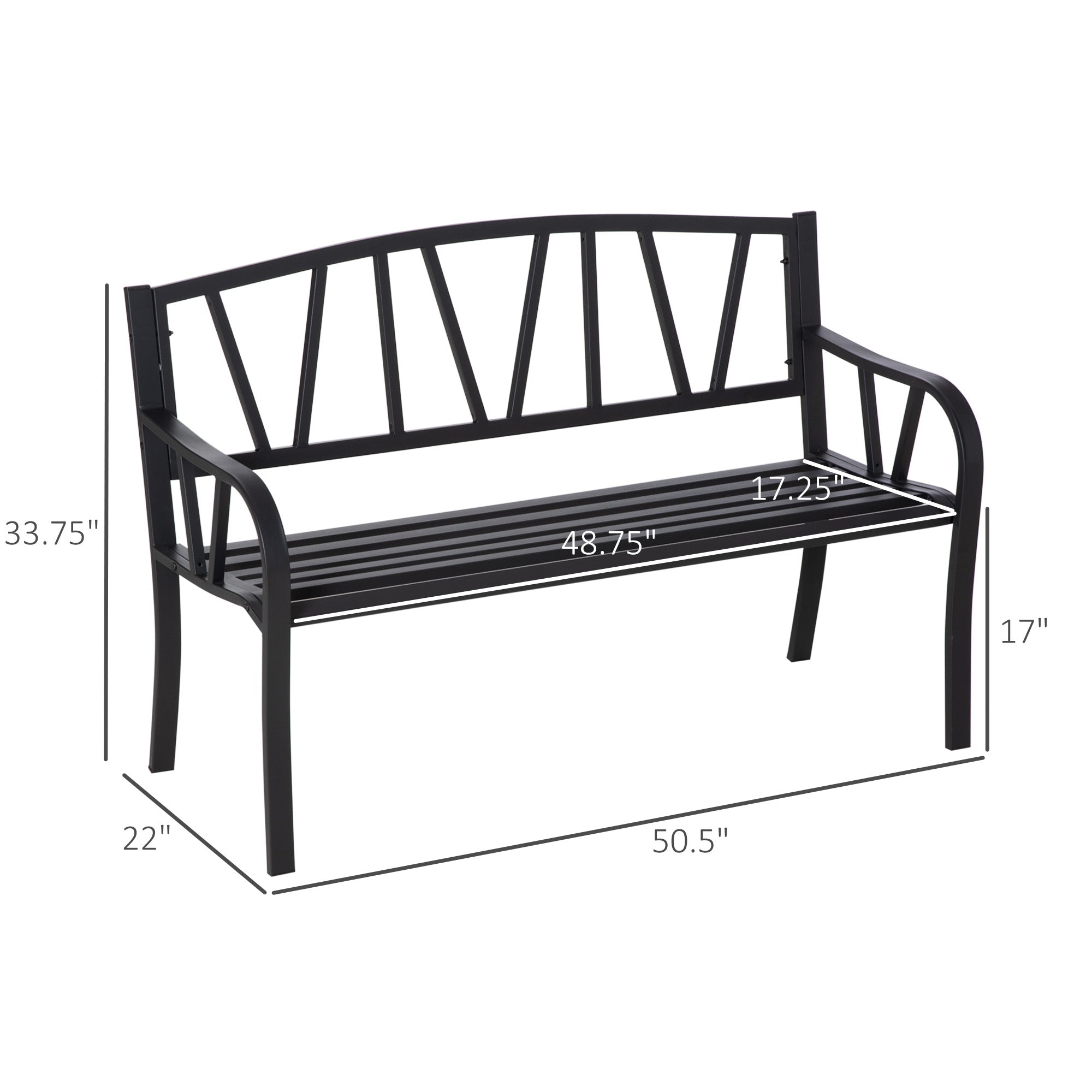 Outsunny Metal Garden Bench, Black Outdoor Bench for 2 People, Park-Style Patio Seating Decor with Armrests & Backrest, Black