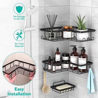 Cubilan Wall Mount Adhesive Corner Shower Caddy with Soap Holder and 12 Hooks in Black (3 Pack) B09QCC6FZL