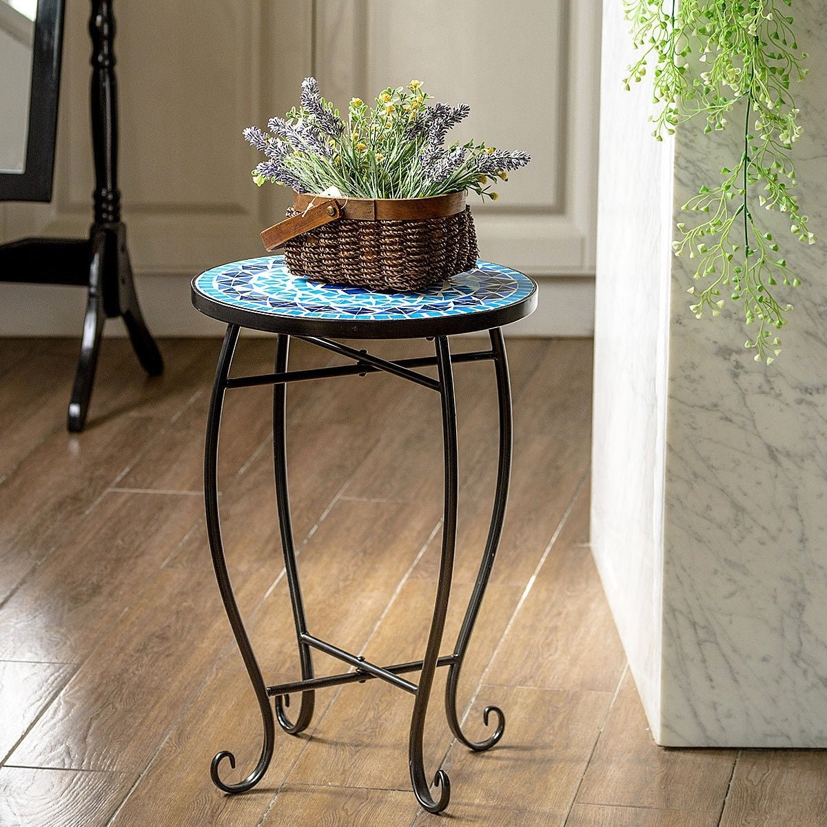 Outdoor Indoor Steel Round Accent Table Mosaic Plant Stand Cobalt Table