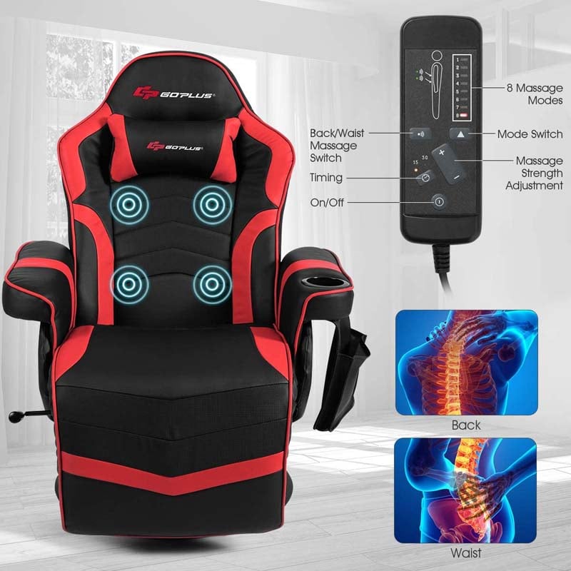 PU Leather Massage Gaming Chair, Ergonomic High Back Racing Style Gaming Recliner with Adjustable Backrest & Footrest, Cup Holder, Side Pouch