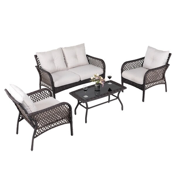 4piece Outdoor Resin Wicker Chat Set with Cushions