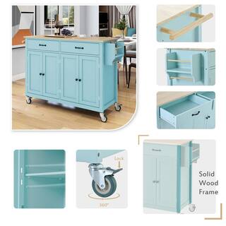 Mint Green Rubberwood Top 54.3 in. Kitchen Island Cart Locking Wheels Spice Towel Rack with 4-Door Cabinet and 2-Drawer EC-KIW-5202