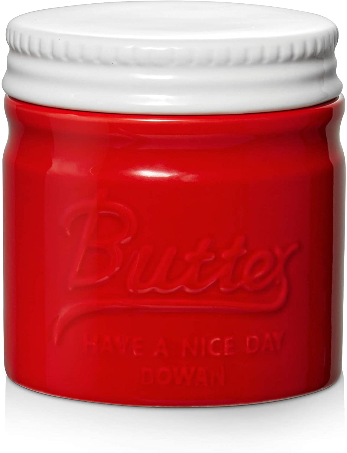 DOWAN Porcelain Butter Keeper Crock， French Butter Dish with Lid， Embossed Butter Container， Red