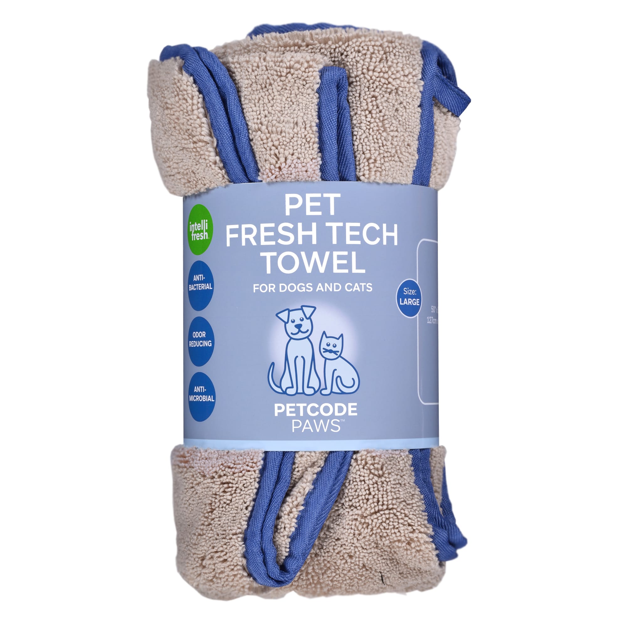 Petcode Paws Pet Fresh Tech Towel and Blanket for Dog and Cat Grooming in Sand Beige with Sky Blue， 50